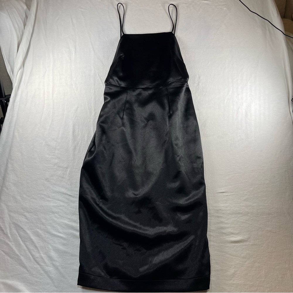 Lulu’s black midi slip dress spaghetti straps low back, wedding guest, cocktail